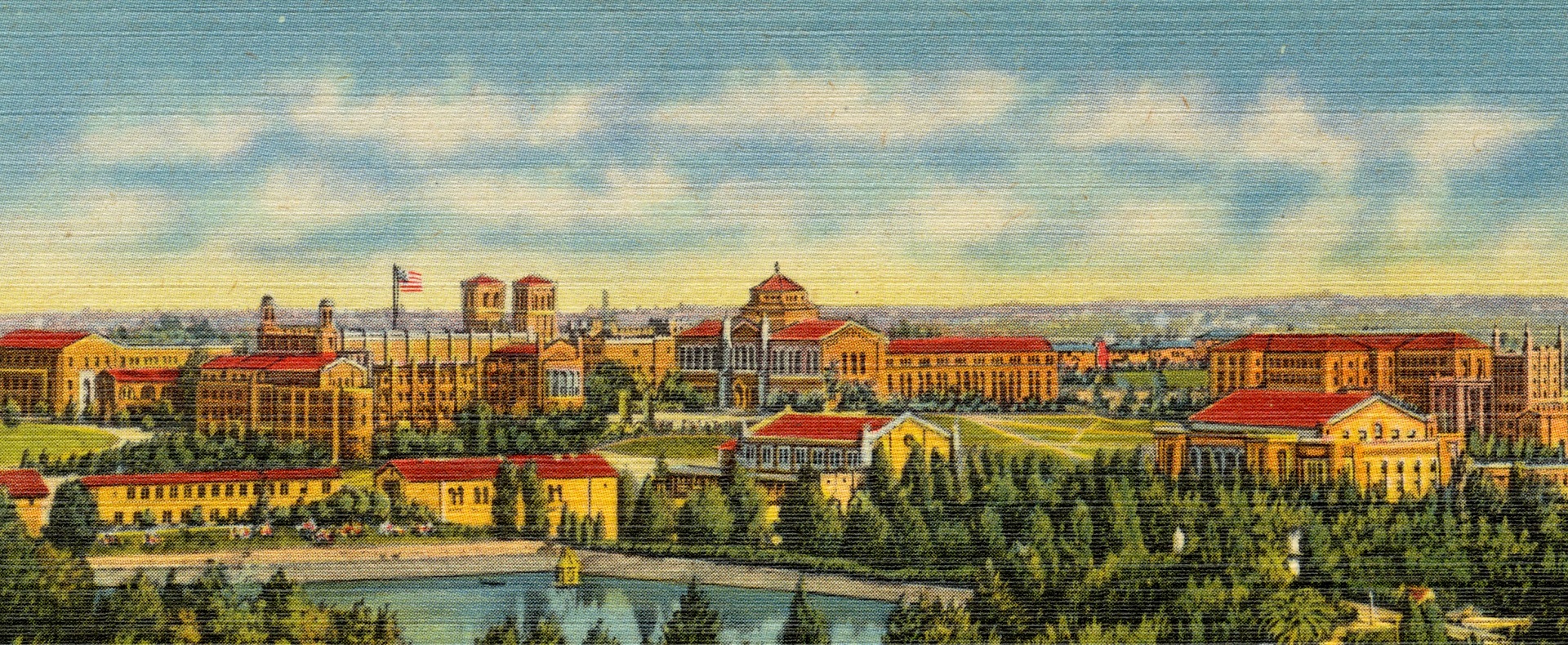 a vintage postcard depicting the university campus