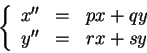 \begin{displaymath}
\left \{
\begin{array}{ccc}
x'' &=& p x + q y \\
y'' &=& r x + s y
\end{array} \right . \end{displaymath}