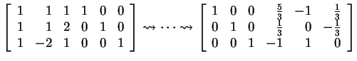 $ \left[\begin{array}{rrrrrr}1&1&1&1&0&0\\  1&1&2&0&1&0\\  1&-2&1&0&0&1\end{arra...
...53&-1&\frac 13\\
0&1&0&\frac 13&0&-\frac 13\\  0&0&1&-1&1&0\end{array}\right]$