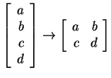 $ \left[\begin{array}{r}a\\  b\\  c\\  d\end{array}\right]\rightarrow
\left[\begin{array}{rr}a&b\\  c&d\end{array}\right]$