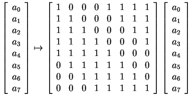 $\displaystyle \left[\begin{array}{c}a _ 0  a _ 1  a _ 2  a _ 3  a _ 4\\...
... a _ 1  a _ 2  a _ 3  a _ 4  a _ 5\\
a _ 6  a _ 7\end{array}\right]$