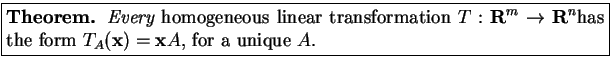 \fbox{\parbox{5.2in}{\parskip=1.0ex plus 0.4ex minus 0.4ex {
{\bf Theorem.} {\em...
...\)has the form \(T _ A(\mbox{\bf x}) = \mbox{\bf x} A\),
for a unique \(A\).
}}}