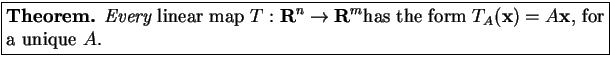 \fbox{\parbox{5.2in}{\parskip=1.0ex plus 0.4ex minus 0.4ex {
{\bf Theorem.} {\em...
...)has the form \(T _ A(\mbox{\bf x} ) = A \mbox{\bf x}\),
for a unique \(A\).
}}}
