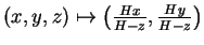 $ (x,y,z) \mapsto \left (\frac {Hx}{H - z}, \frac {Hy}{H - z} \right )$