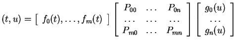 $ (t,u) = \left[\begin{array}{ccc}f _ 0(t),\dots, f _ m(t)\end{array}\right]\lef...
...y}\right]\left[\begin{array}{c}g _ 0(u)\\  \dots \\  g _ n(u)\end{array}\right]$