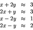 \begin{displaymath}
\begin{array}{lcr}
x+2y &\approx &3\\
2x+y &\approx &3\\
x-2y &\approx &1\\
2x-y &\approx &2
\end{array}\end{displaymath}