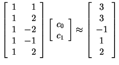 $ \left[\begin{array}{rr} 1&1\\  1&2\\  1&-2\\  1&-1\\  1&2 \end{array}\right] \...
...right]
\approx \left[\begin{array}{c} 3\\  3\\  -1\\  1\\  2 \end{array}\right]$
