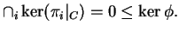 $\displaystyle \cap _ i \ker (\pi_i\vert _ C) = 0 \leq \ker \phi.$