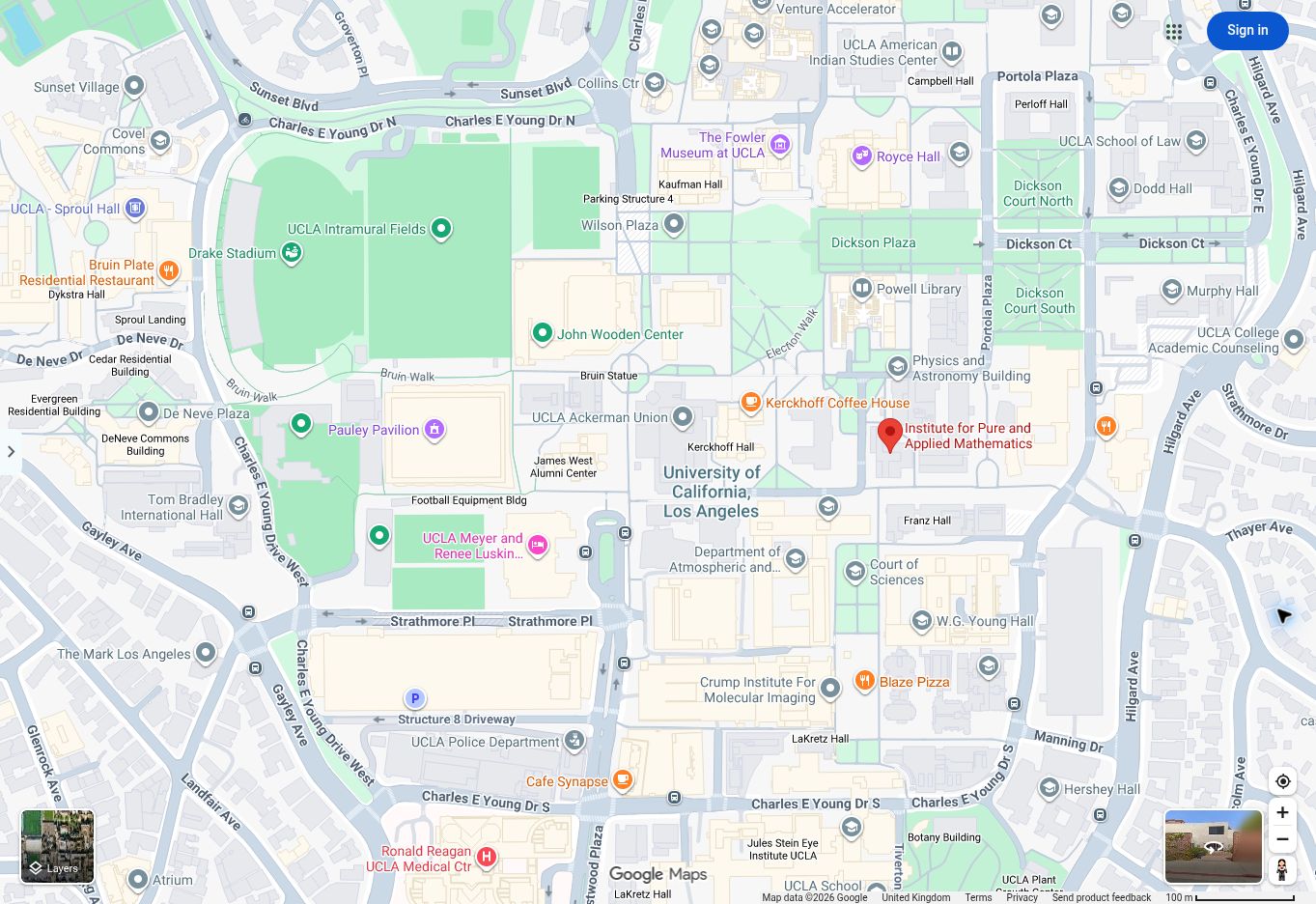 Google Maps view of UCLA with a red marker at IPAM, near Kerckhoff Hall and the Court of Sciences.