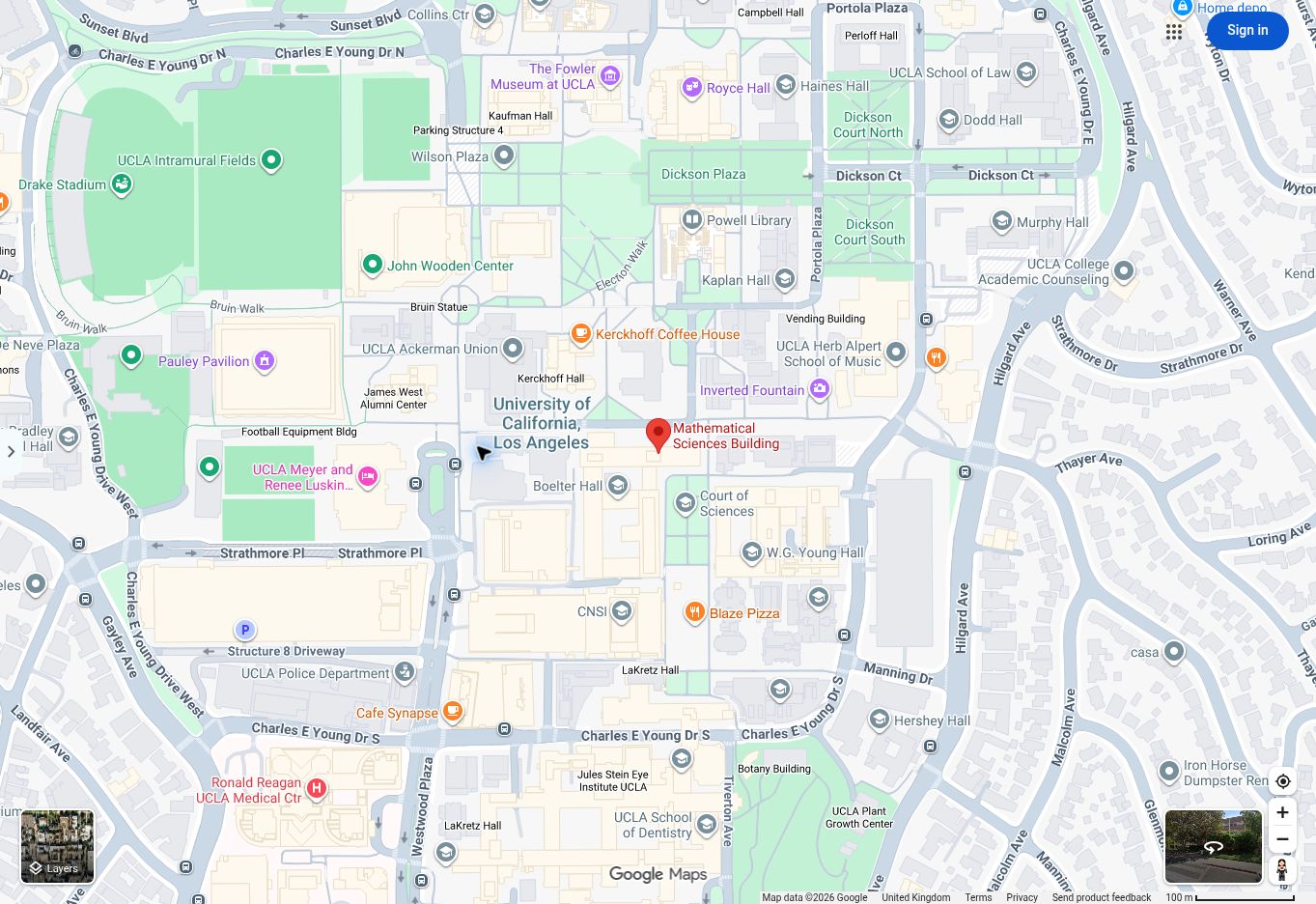 Google Maps view of UCLA with a red marker at the Mathematical Sciences Building, on the north side of the Court of Sciences.